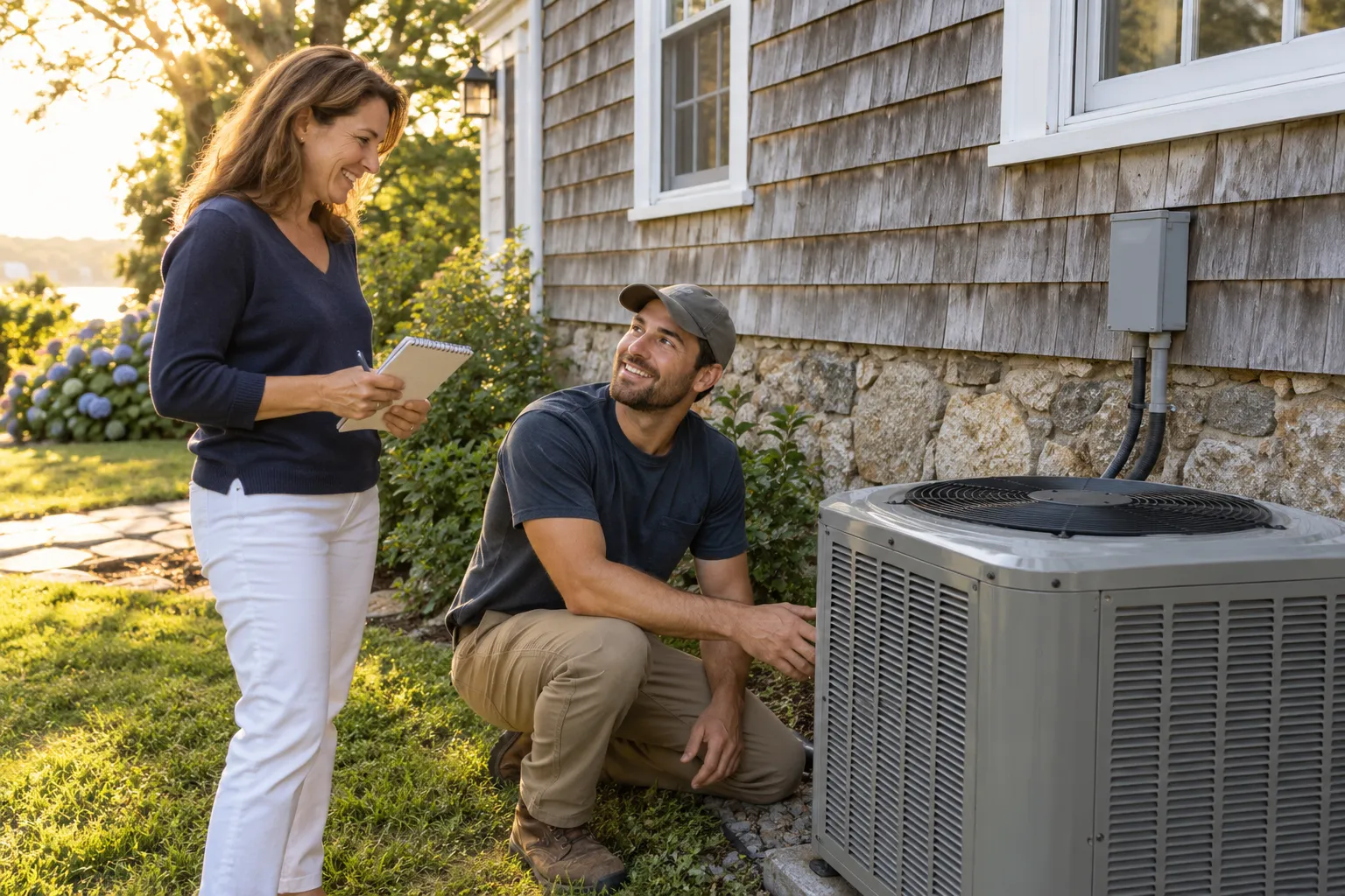 Friendly independent HVAC provider checking an outdoor air conditioner at a home in Sayreville