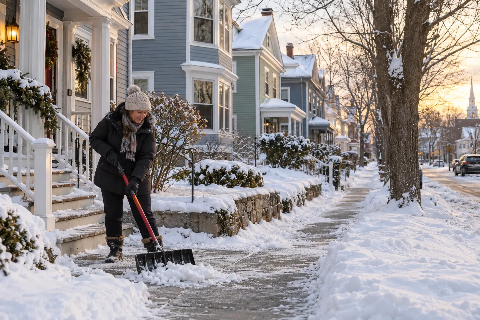 Older homes with snowy rooftops across the Sayreville area